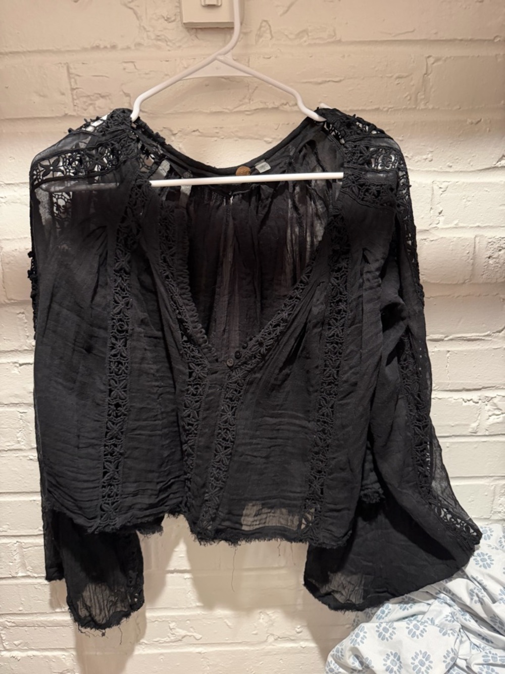 Free People Black Sheer Crochet-Trim V-Neck Blouse